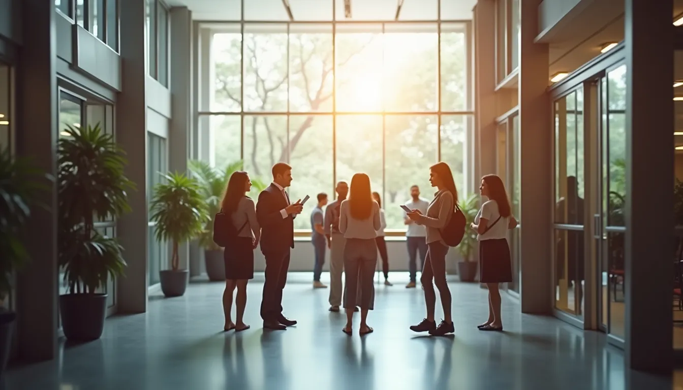 Sponsors and partners in a modern business-school atrium